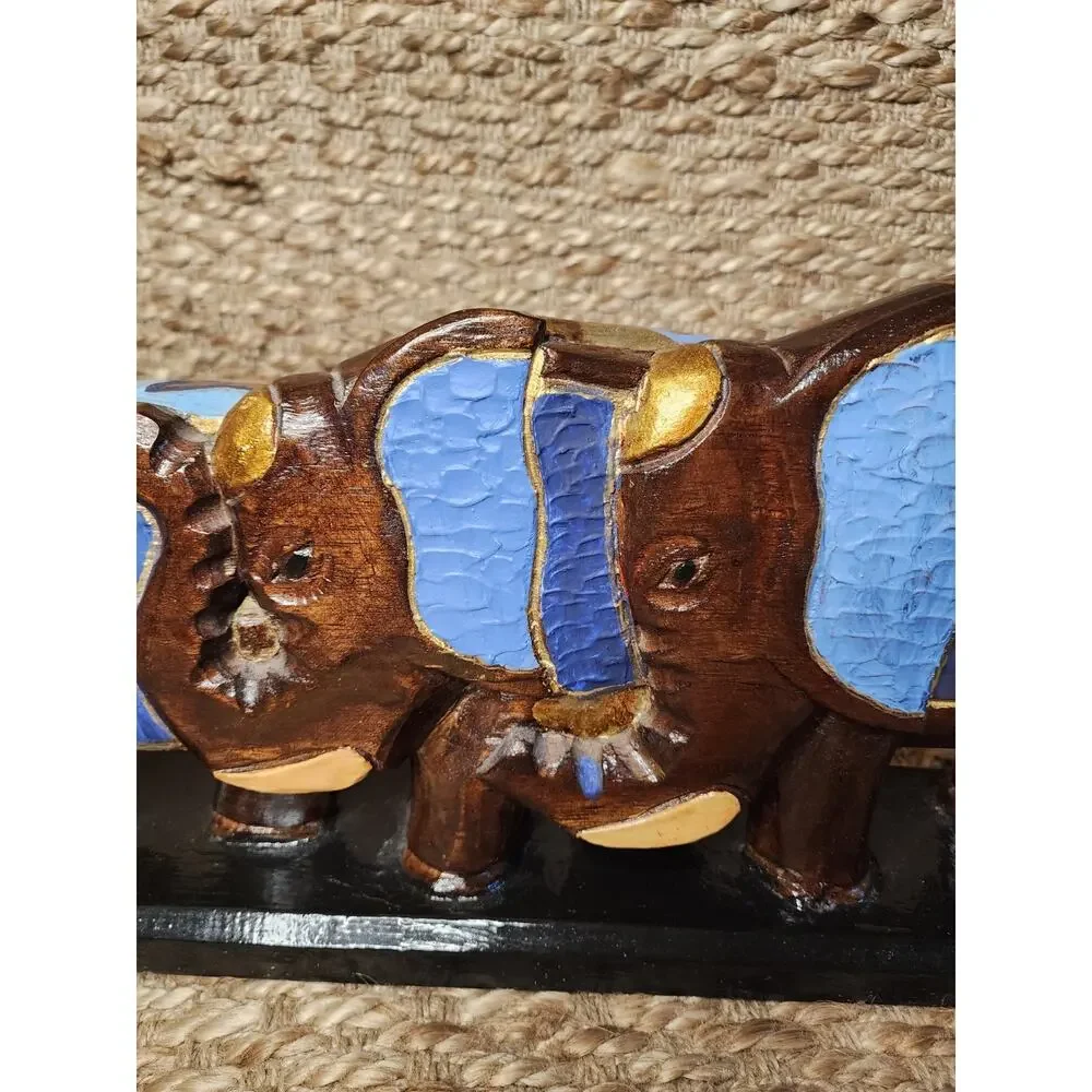Vintage Wooden Hand Carved Painted 3 Walking Elephant Sculpture Home Decor 19.5